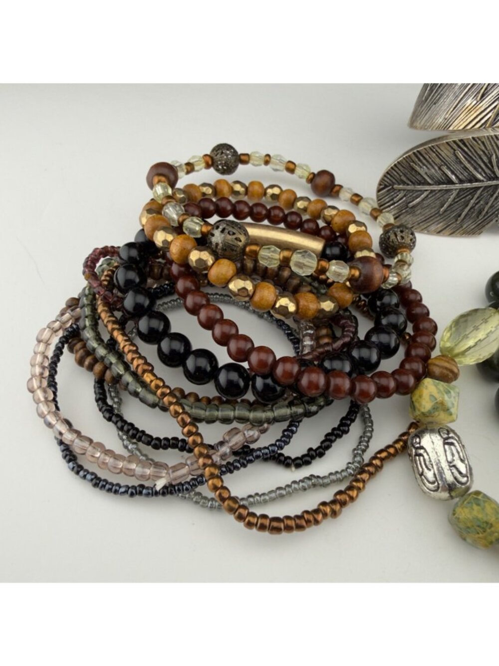 Boho Bracelet Lot Silver Tone Cuff Rhinestone Stretch Mixed Metals Stackable - Picture 5 of 16